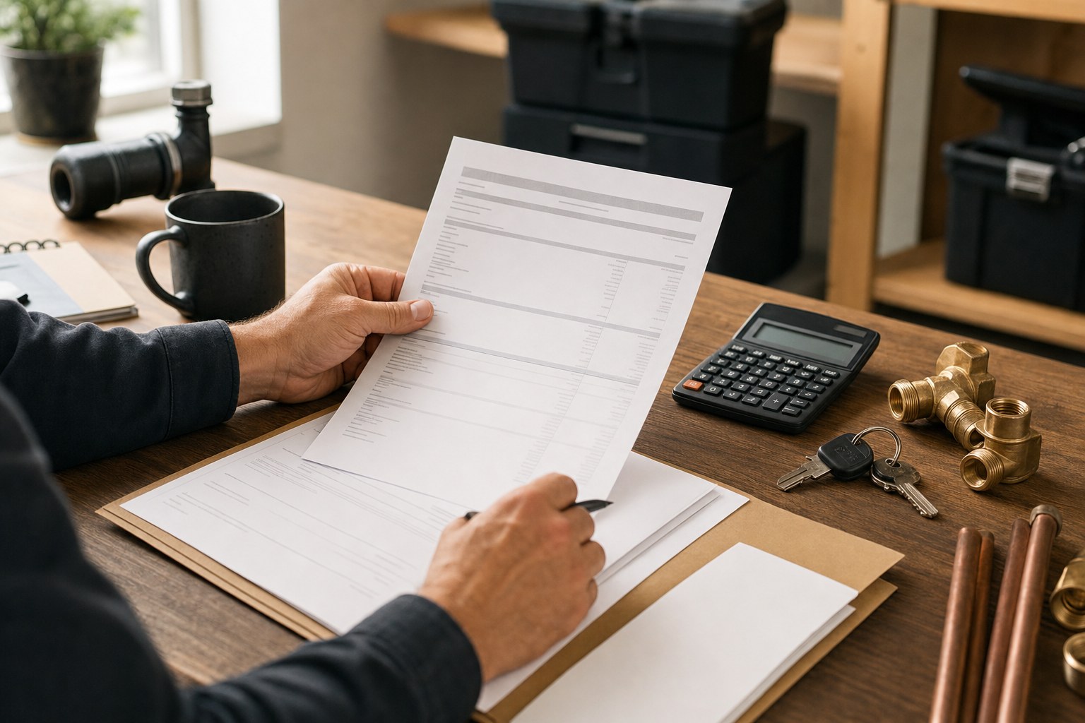 Plumbing business owner reviewing financial reports with invoices, calculator, service-van keys, and plumbing fittings