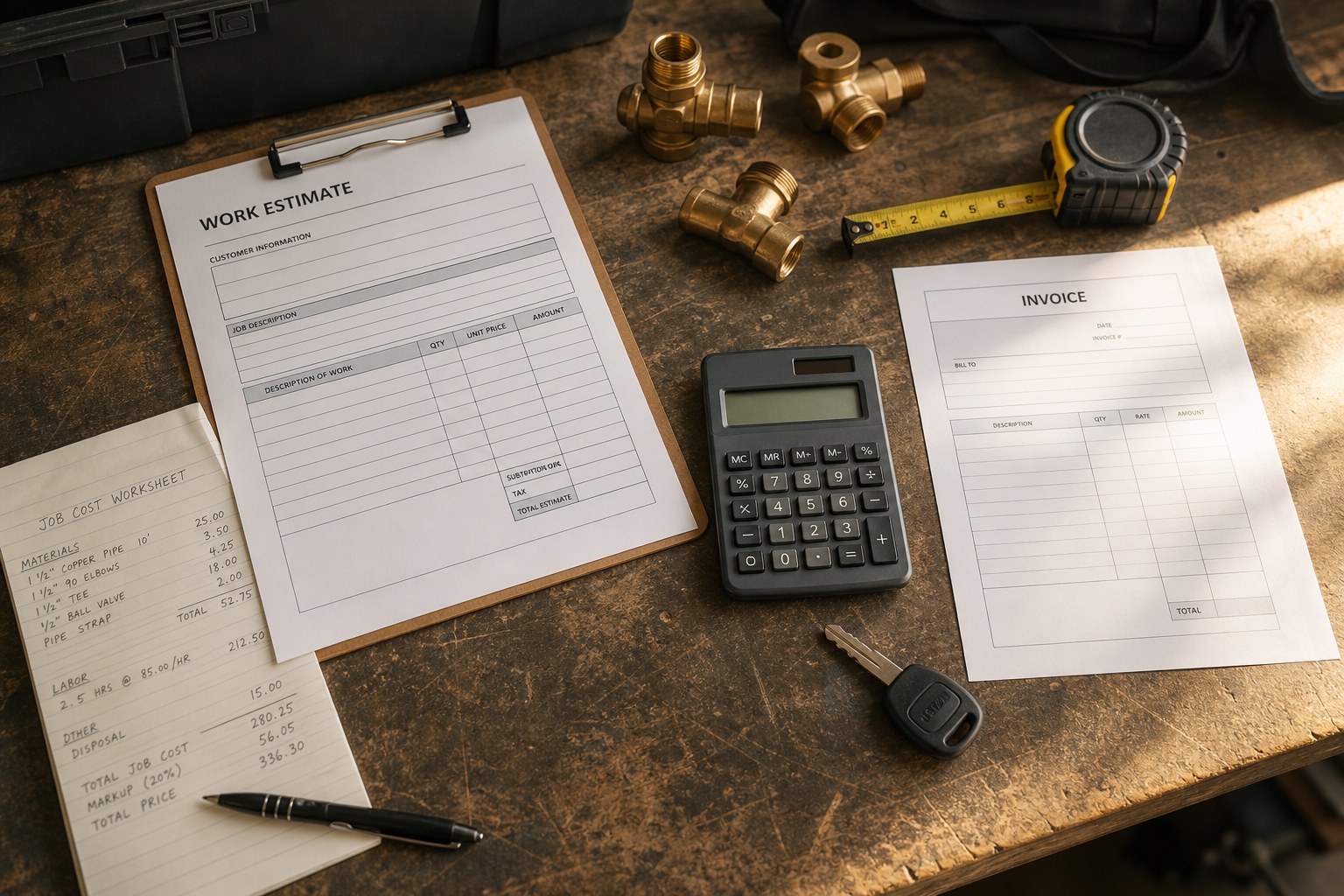 Plumbing work estimate, calculator, job-cost worksheet, fittings, and tape measure on a workshop bench