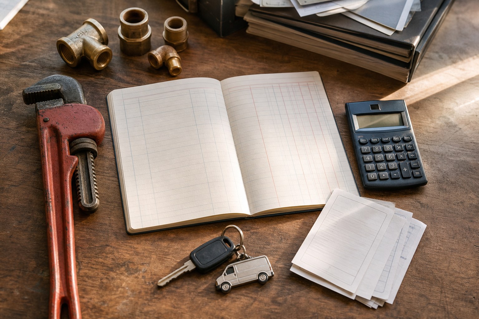 Plumbing tools, a ledger, receipts, and a calculator on a workbench
