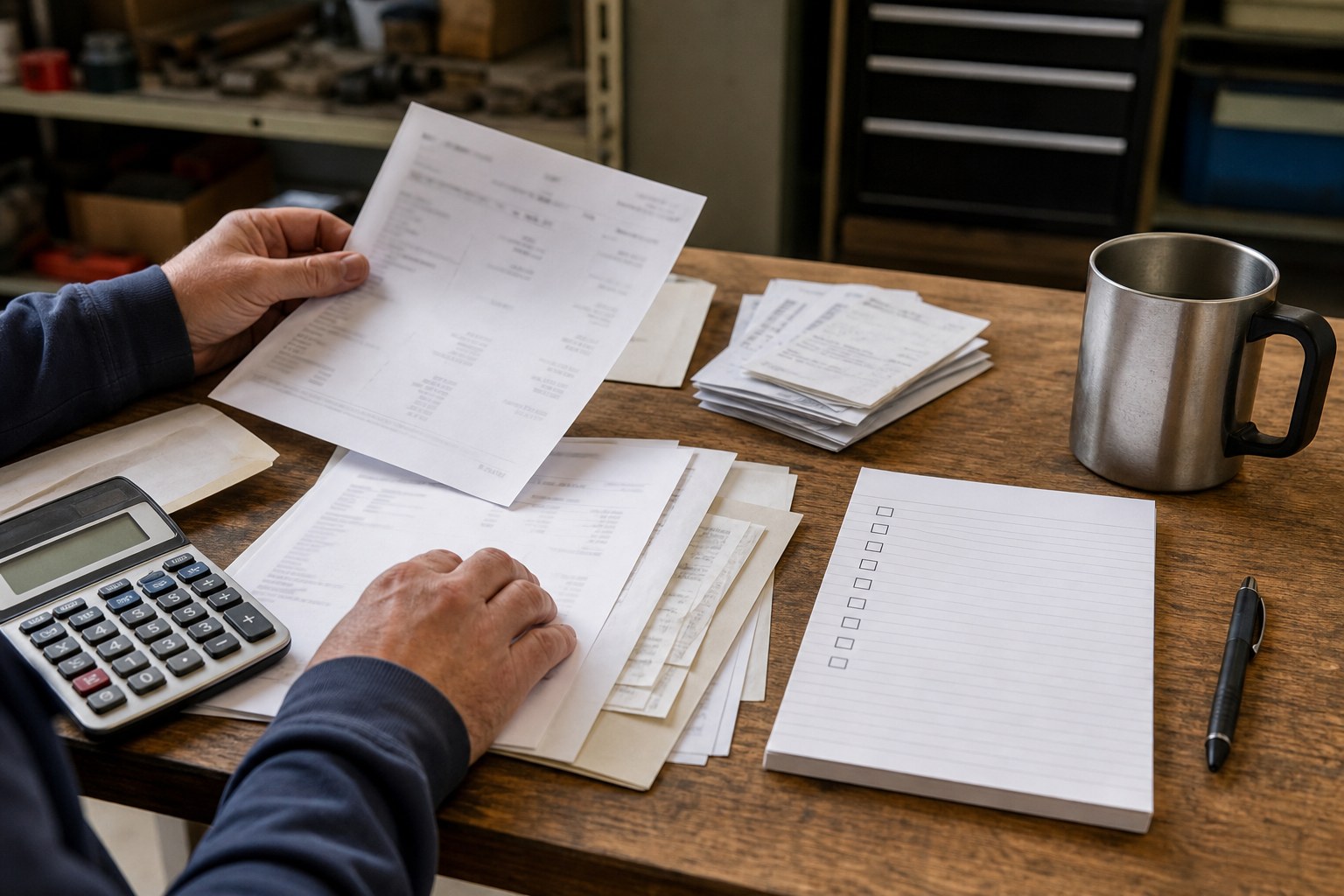 Business owner organizing statements, receipts, a calculator, and a blank checklist