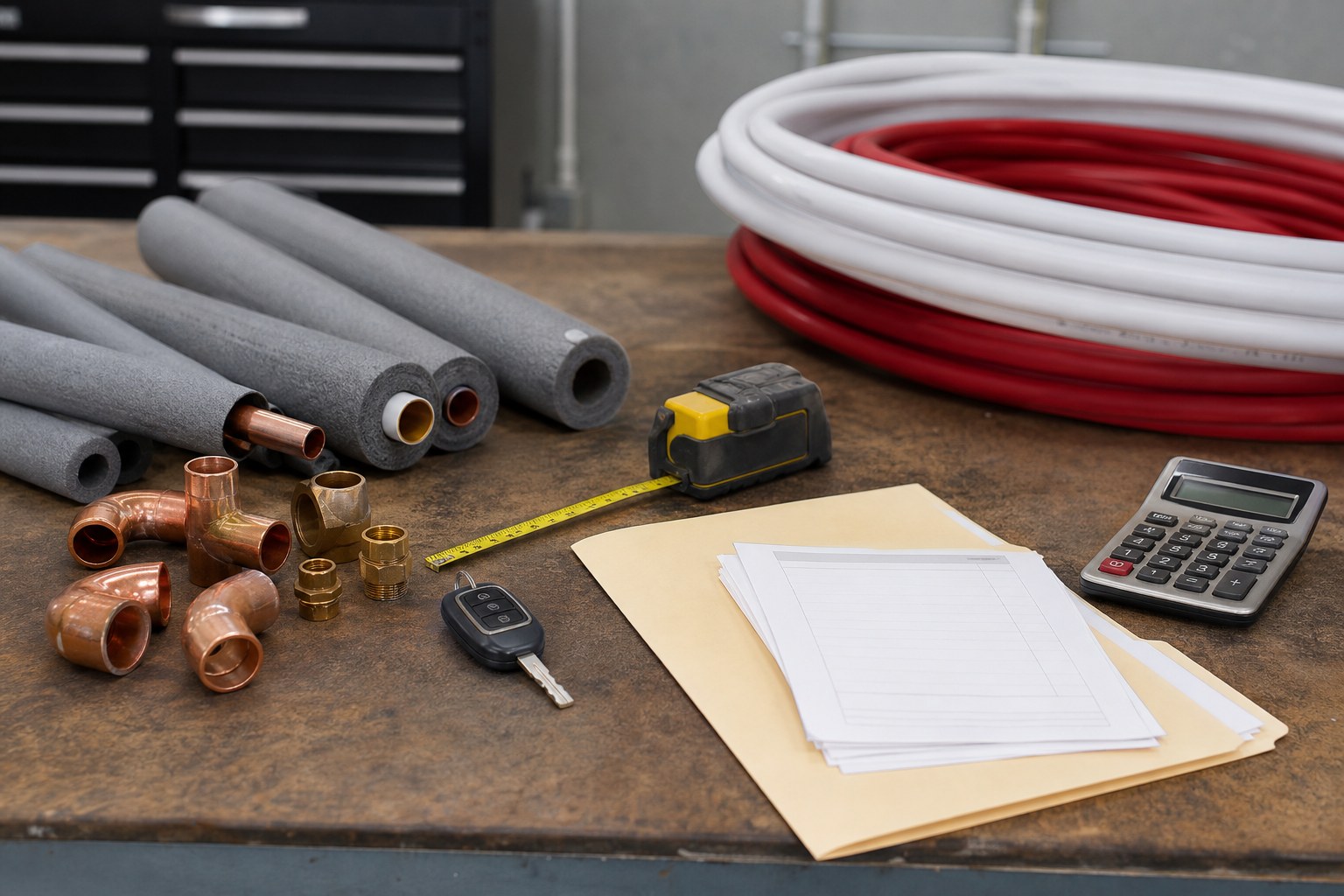 Plumbing materials, vehicle key, calculator, and paper records organized on a workbench