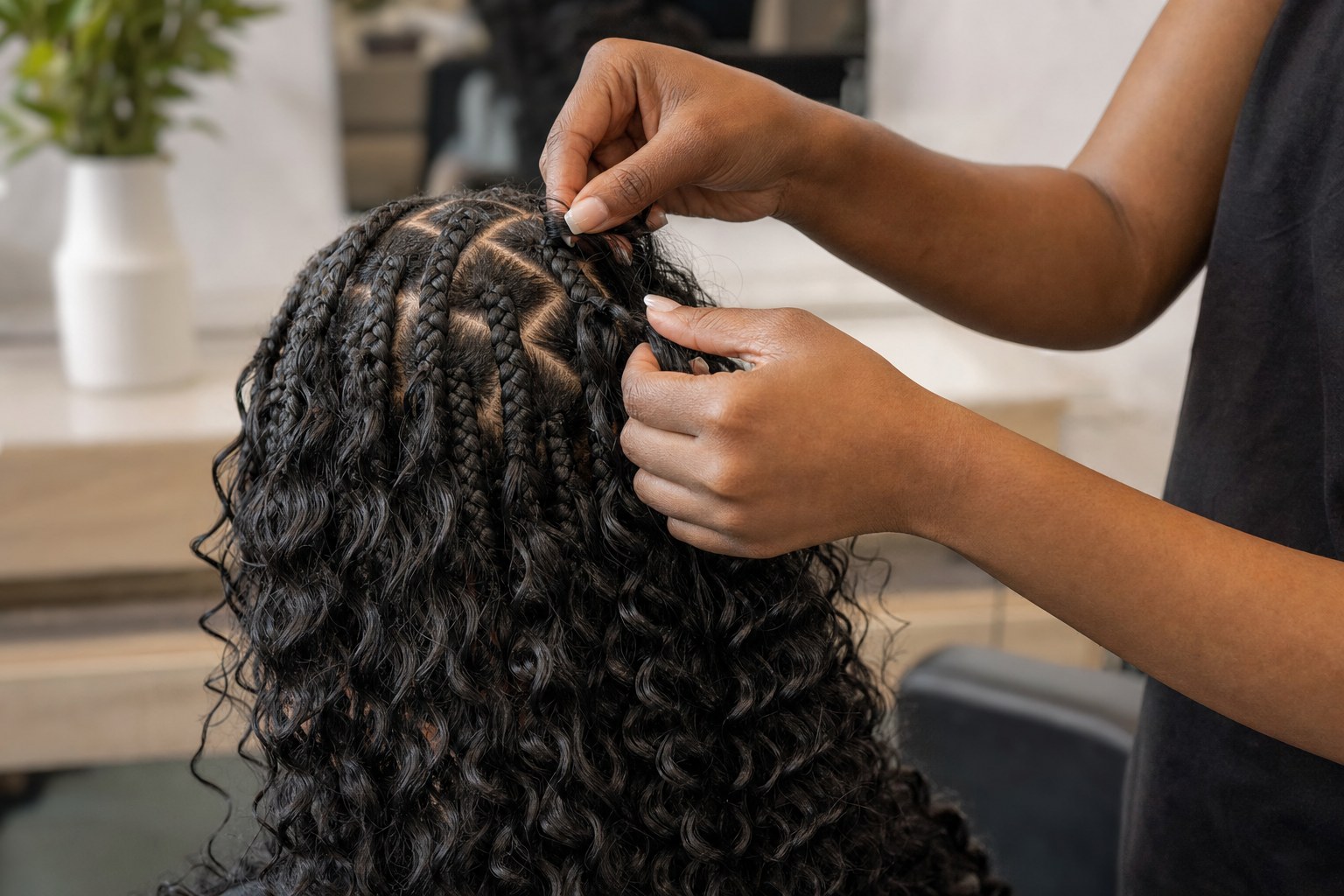 Hands adding loose deep-wave human hair to boho braids