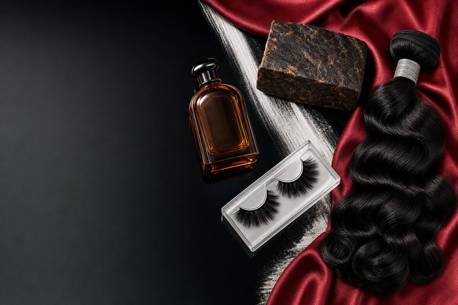 Beauty flatlay with black soap, hair, lashes and fragrance