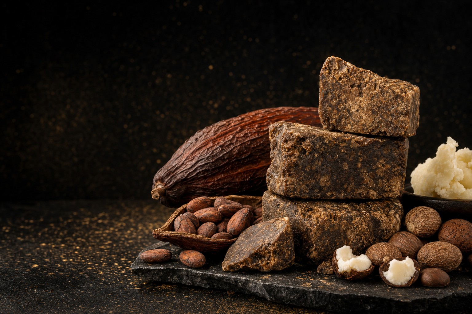 African black soap with cocoa pods and shea