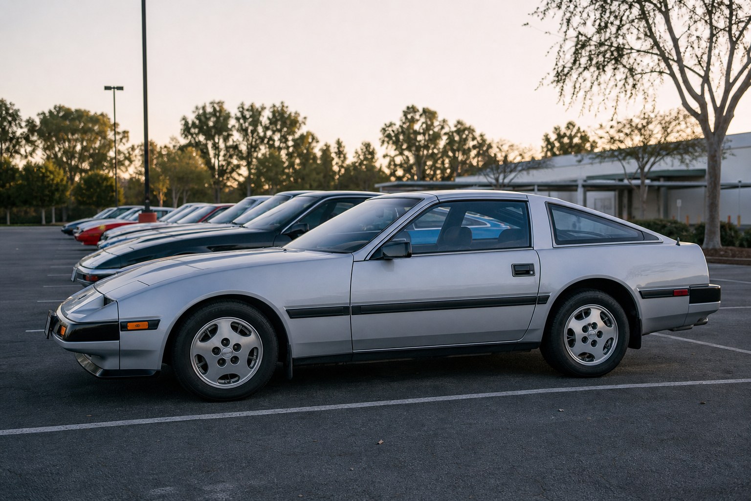 A classic Japanese sports coupe parked neatly at an early-morning meet