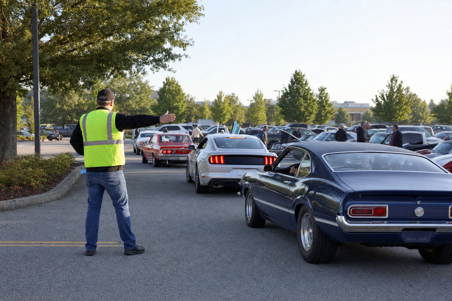 An event volunteer directing enthusiast cars into parking rows at a morning meet