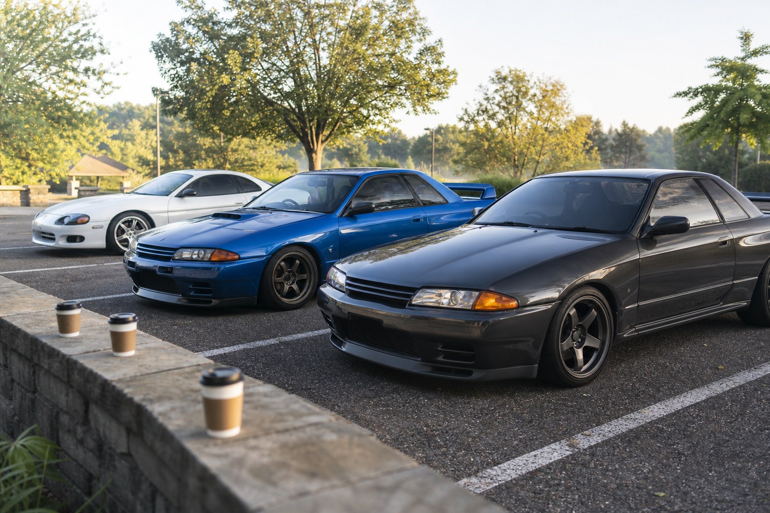Enthusiast cars parked at an early-morning meet with coffee cups nearby