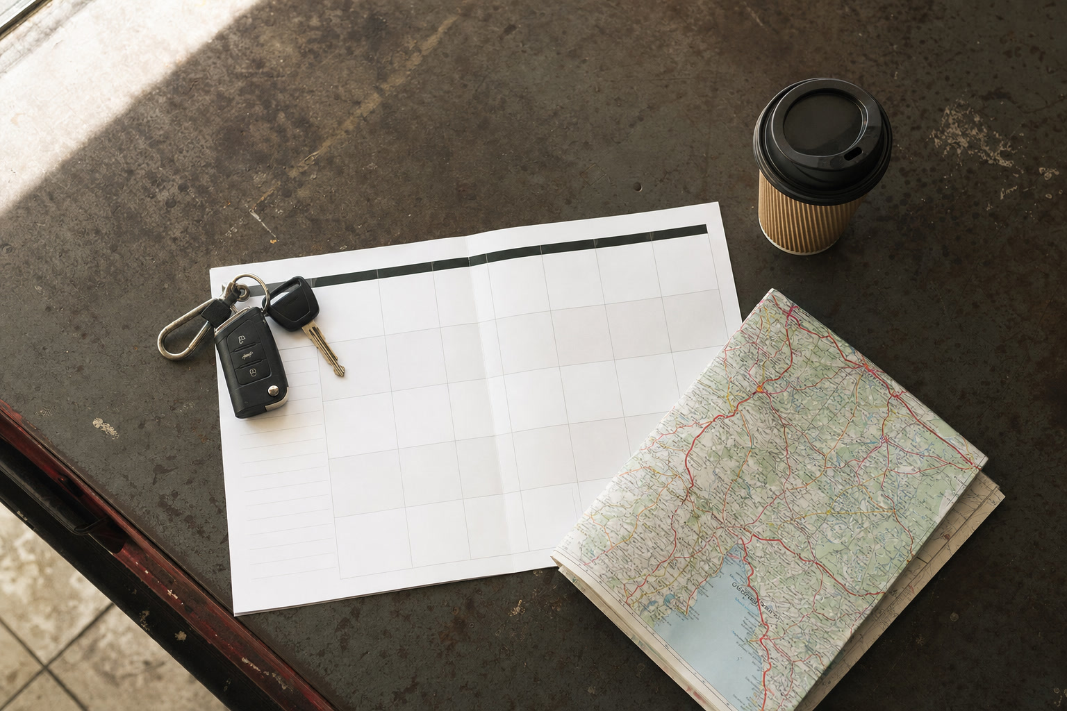 Car keys, a paper calendar, a road map, and coffee on a garage workbench