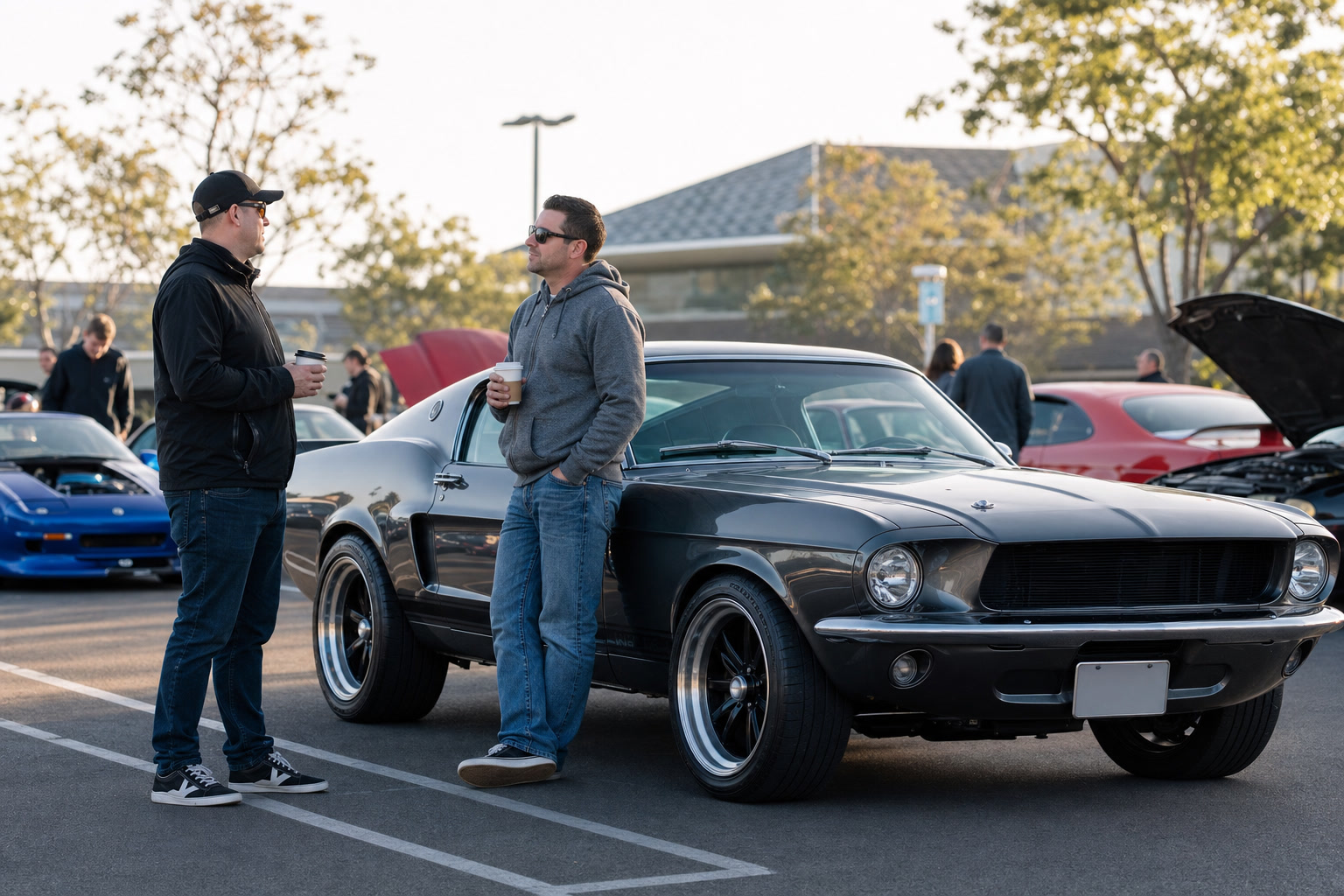 Two car enthusiasts talking with coffee beside a classic performance coupe at a morning meet