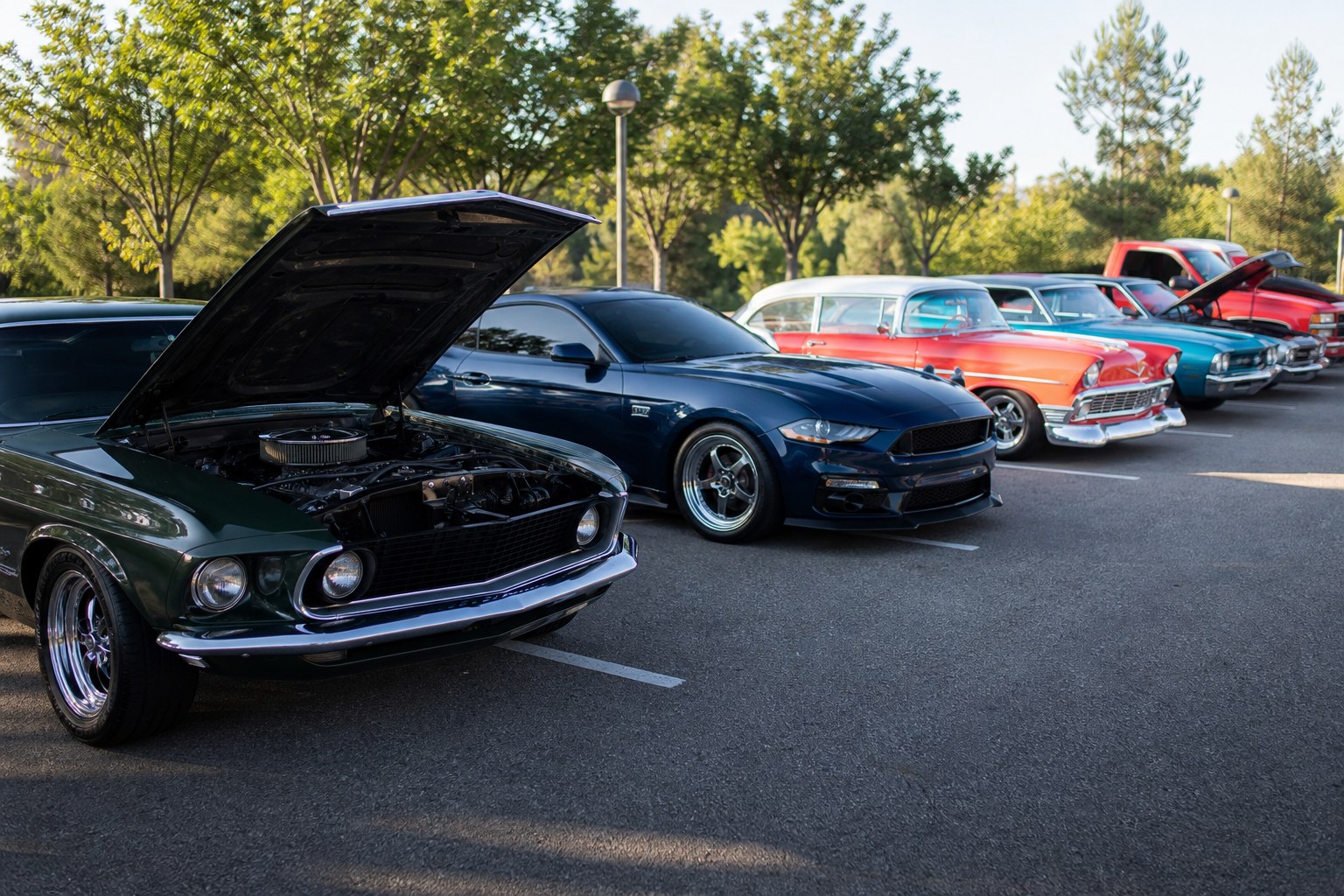 Classic and modern enthusiast cars parked in a row with an engine bay open