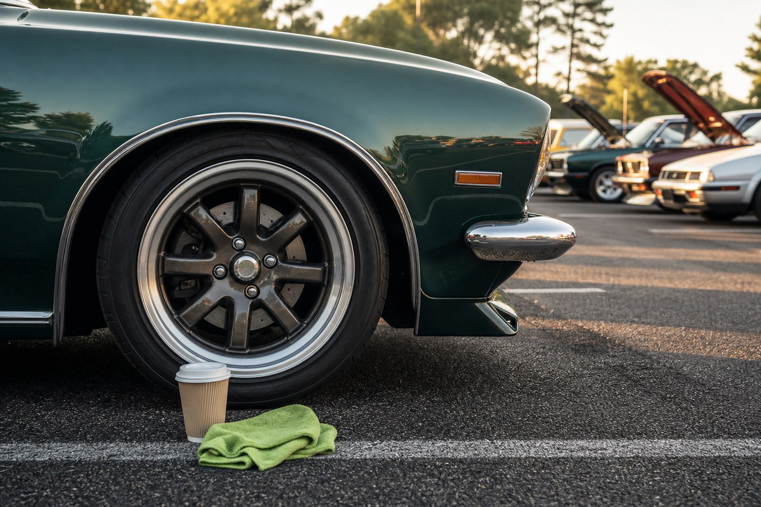 A microfiber cloth and coffee cup beside the wheel of a vintage performance car