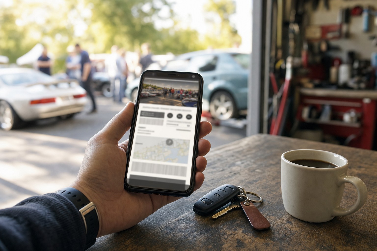 A driver checks event details on a phone beside car keys and coffee