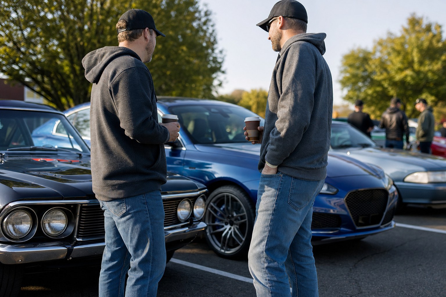 Two enthusiasts talk with coffee beside parked cars at a weekend morning meet