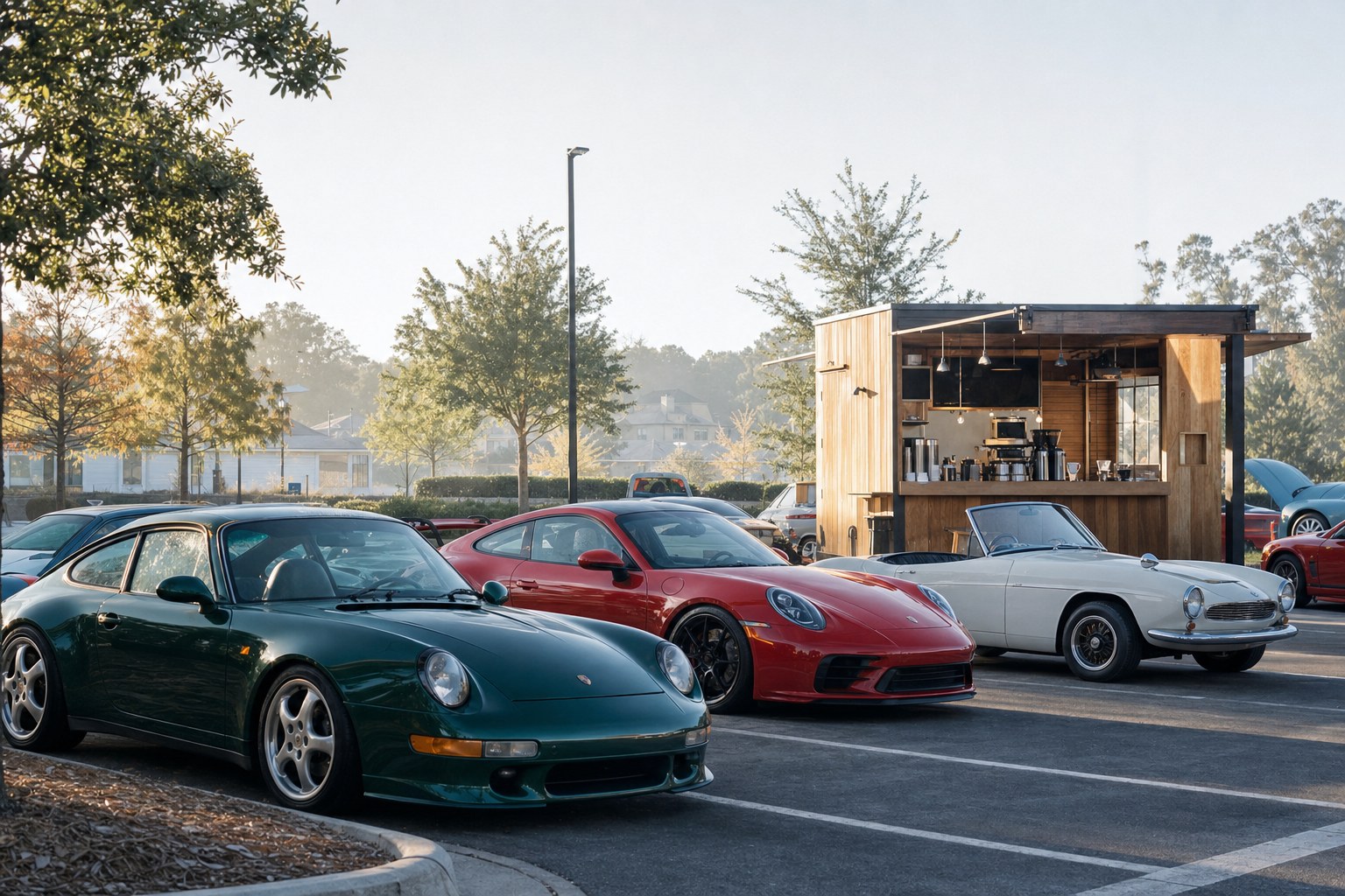Enthusiast cars parked beside a coffee stand at a relaxed morning meet