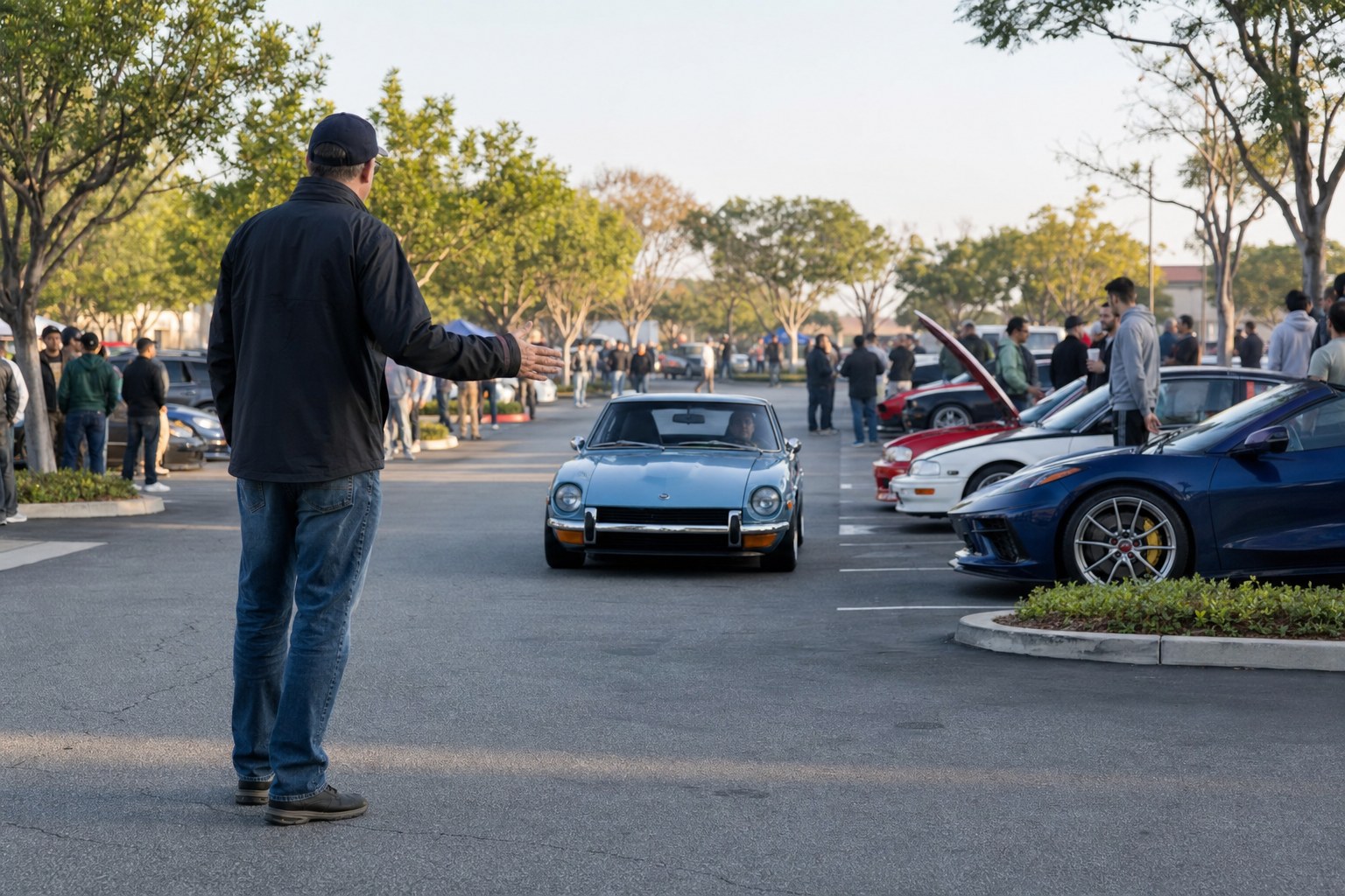 A volunteer guides an arriving enthusiast car into a morning meet parking row