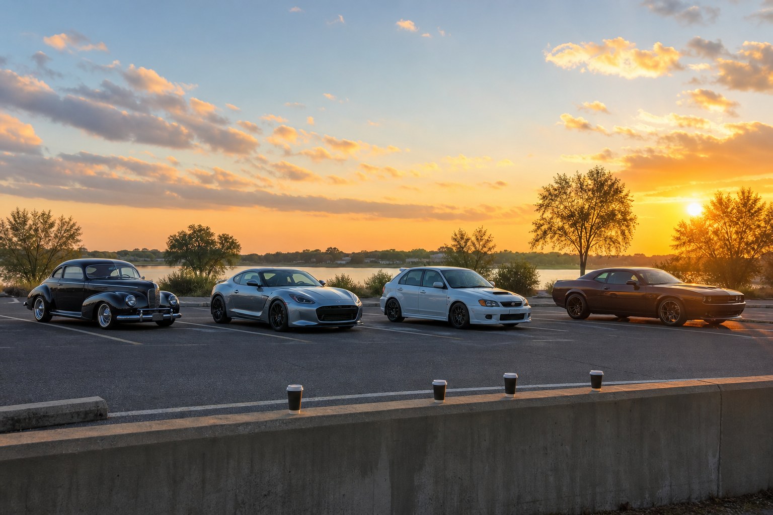 A mixed lineup of enthusiast cars at sunrise with coffee cups in the foreground