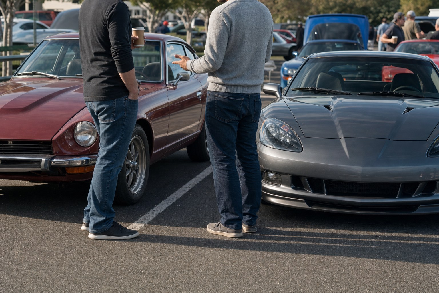 Two enthusiasts talk beside a vintage coupe and a modern sports car at a car meet