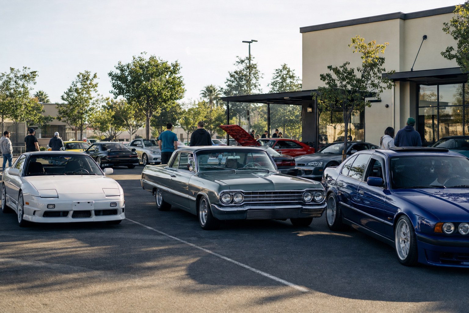 A mixed lineup of enthusiast cars at a relaxed morning car meet