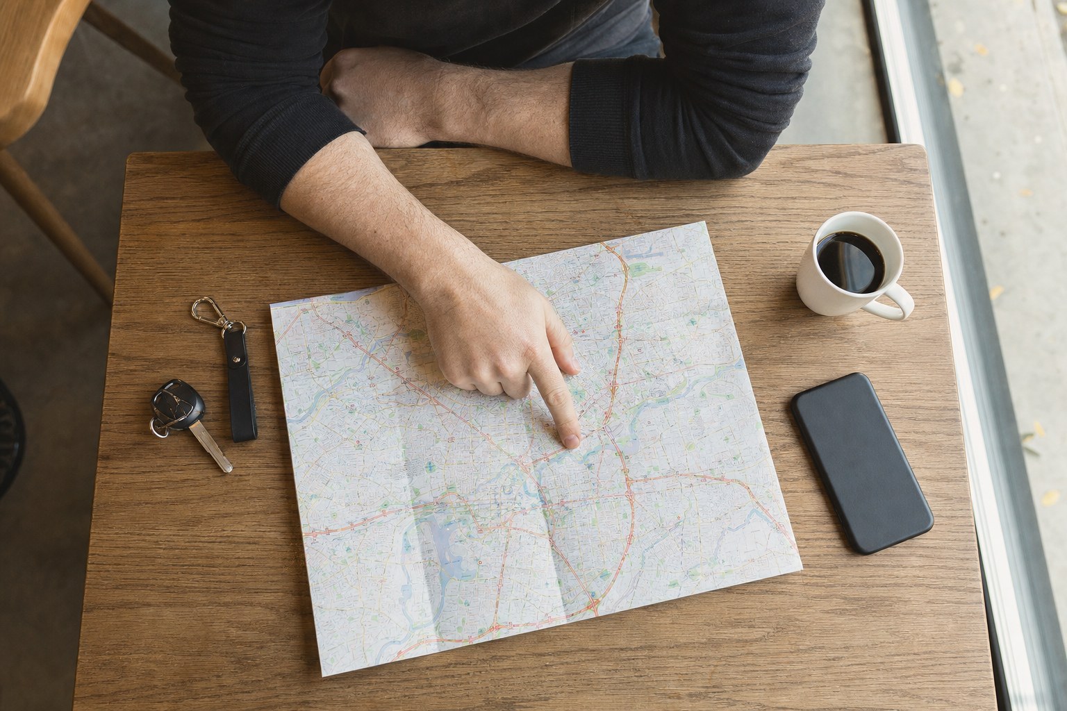 Car keys, coffee, a phone, and a city map on a cafe table