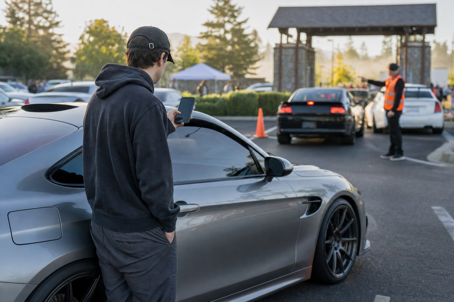 A driver checks a phone beside a coupe before entering a morning car meet