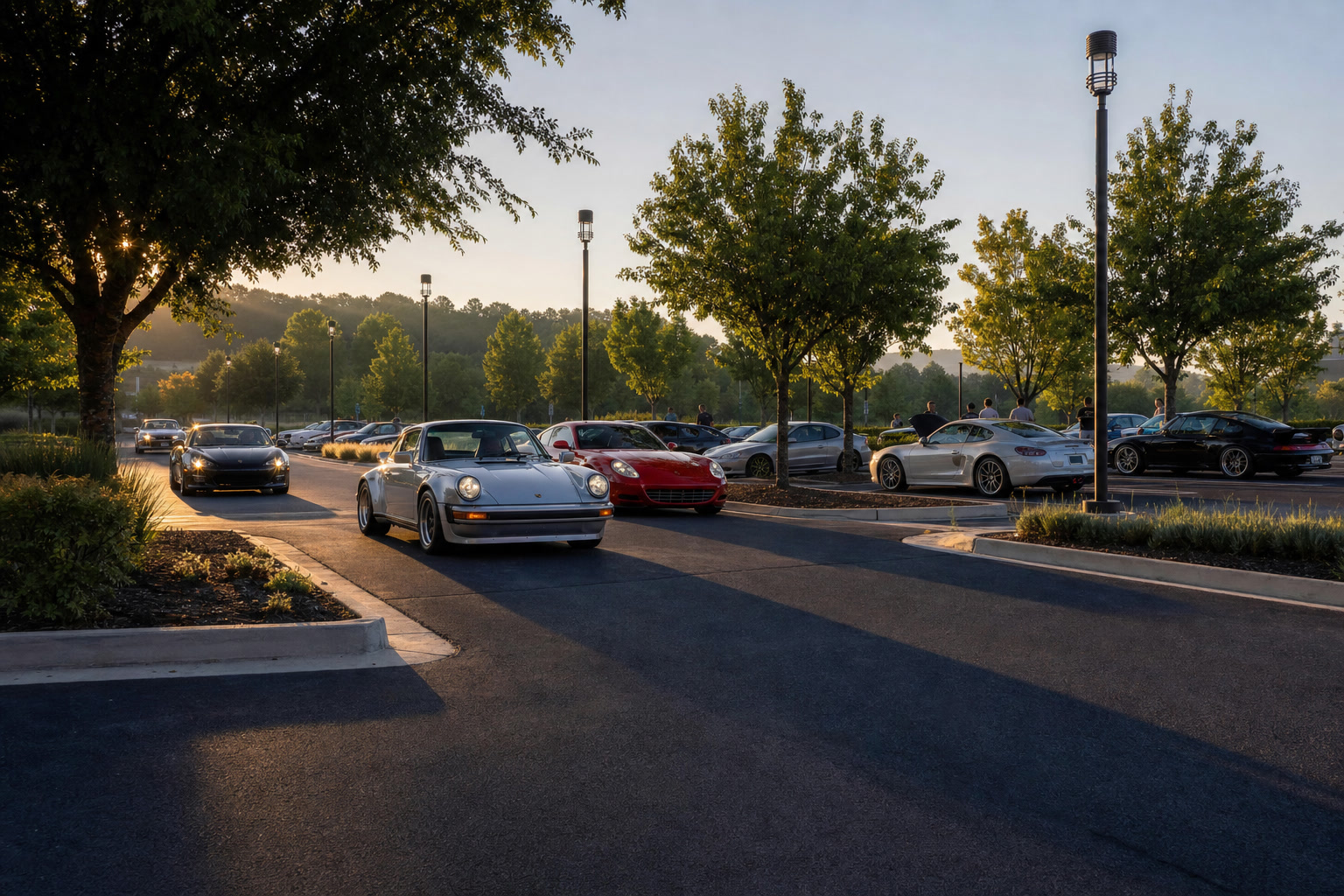 Enthusiast cars arriving at an early-morning meet in a tree-lined parking lot