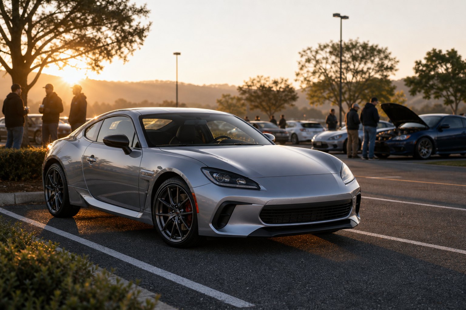 A neatly parked performance coupe at a calm early-morning car meet