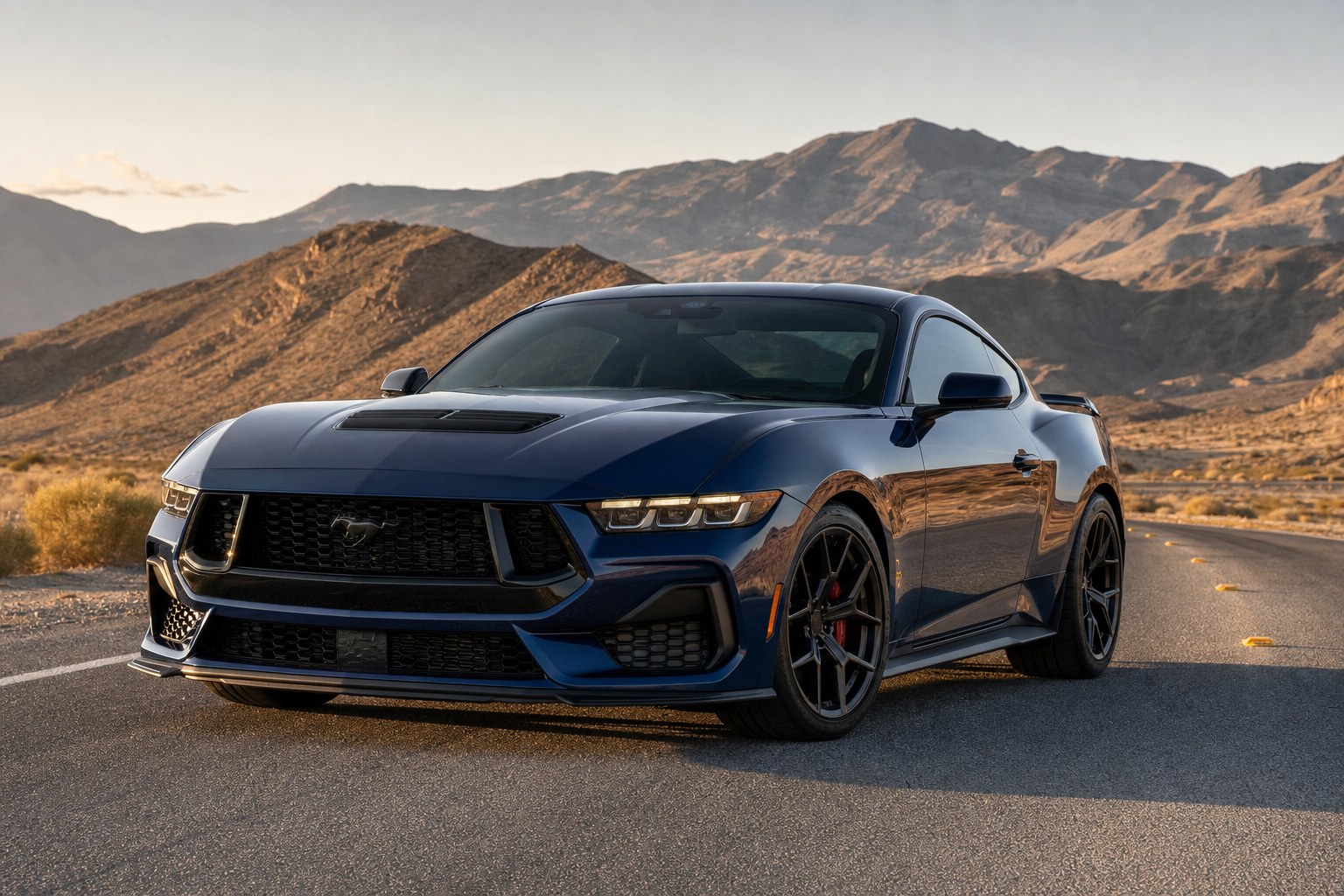 Blue Ford Mustang on an American desert road