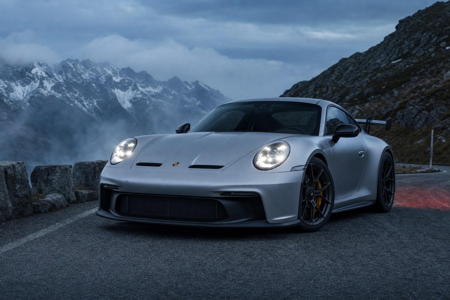 Silver Porsche performance car on an alpine road