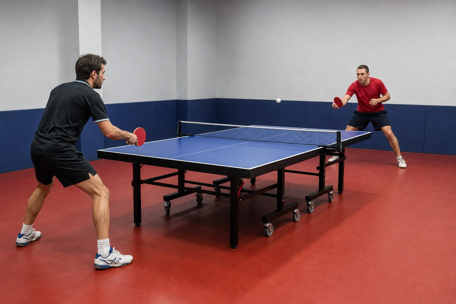 Two players practicing a crosscourt table tennis control drill