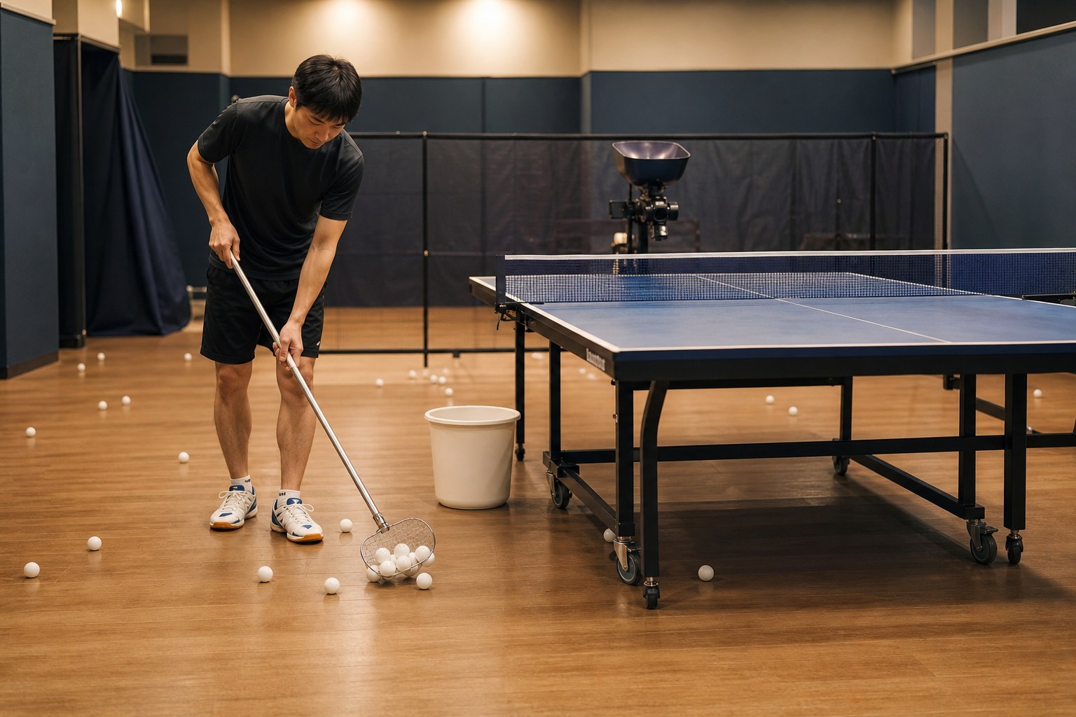 Player resetting a table tennis practice area by collecting loose balls