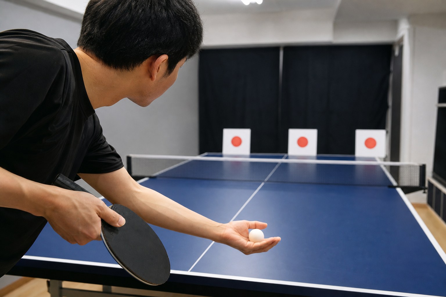 Player practicing table tennis serves toward paper targets