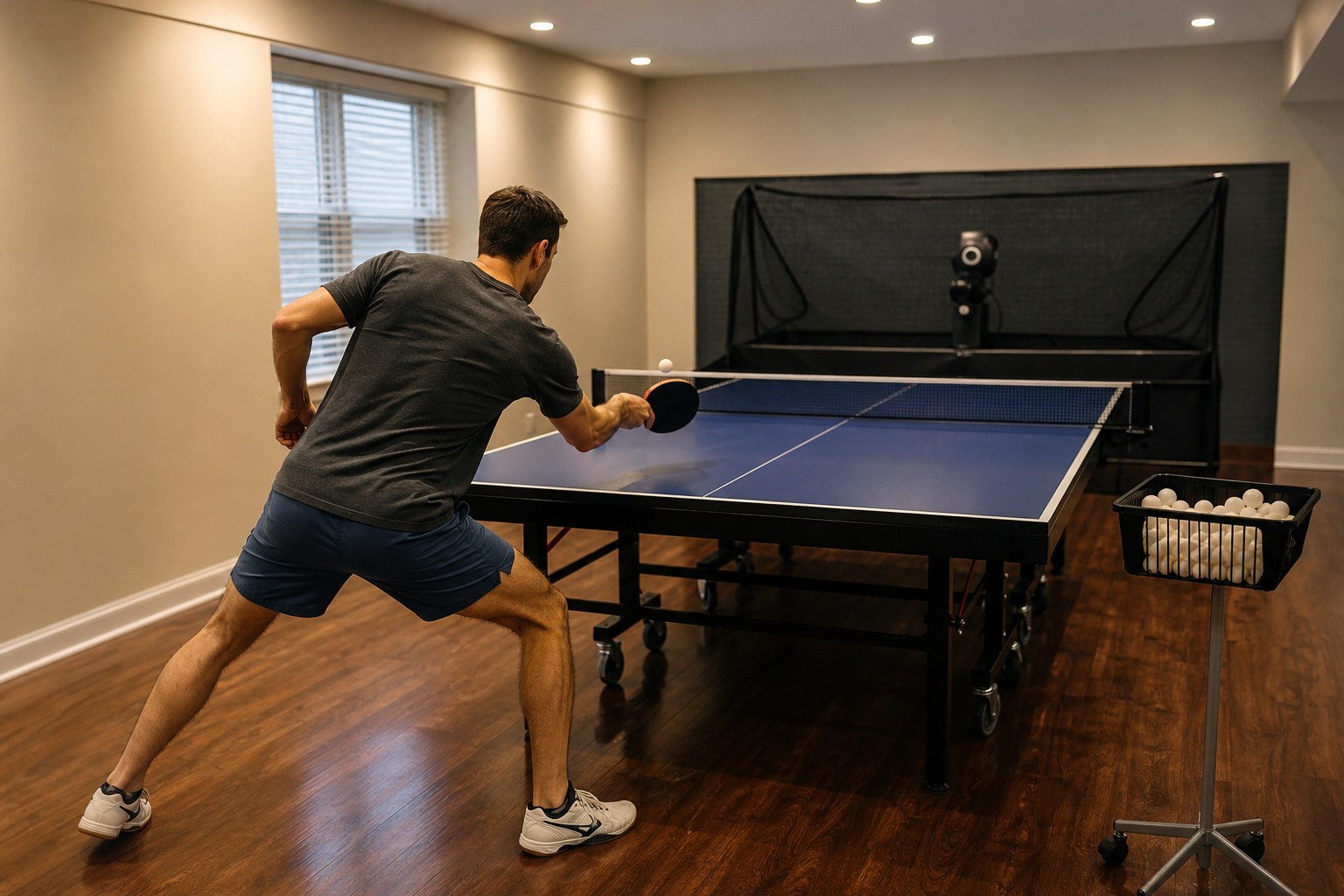 Player practicing table tennis drills with a robot at home