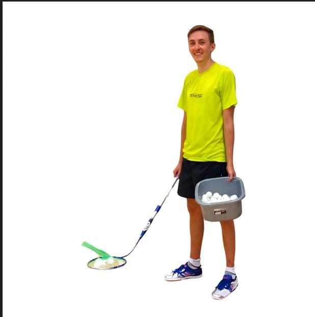 Table tennis player using a MyPingPongBuddy ball picker to collect balls