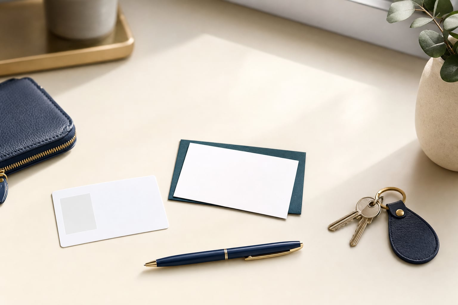 Blank identification card, appointment card, keys, and pen arranged on a warm ivory desk