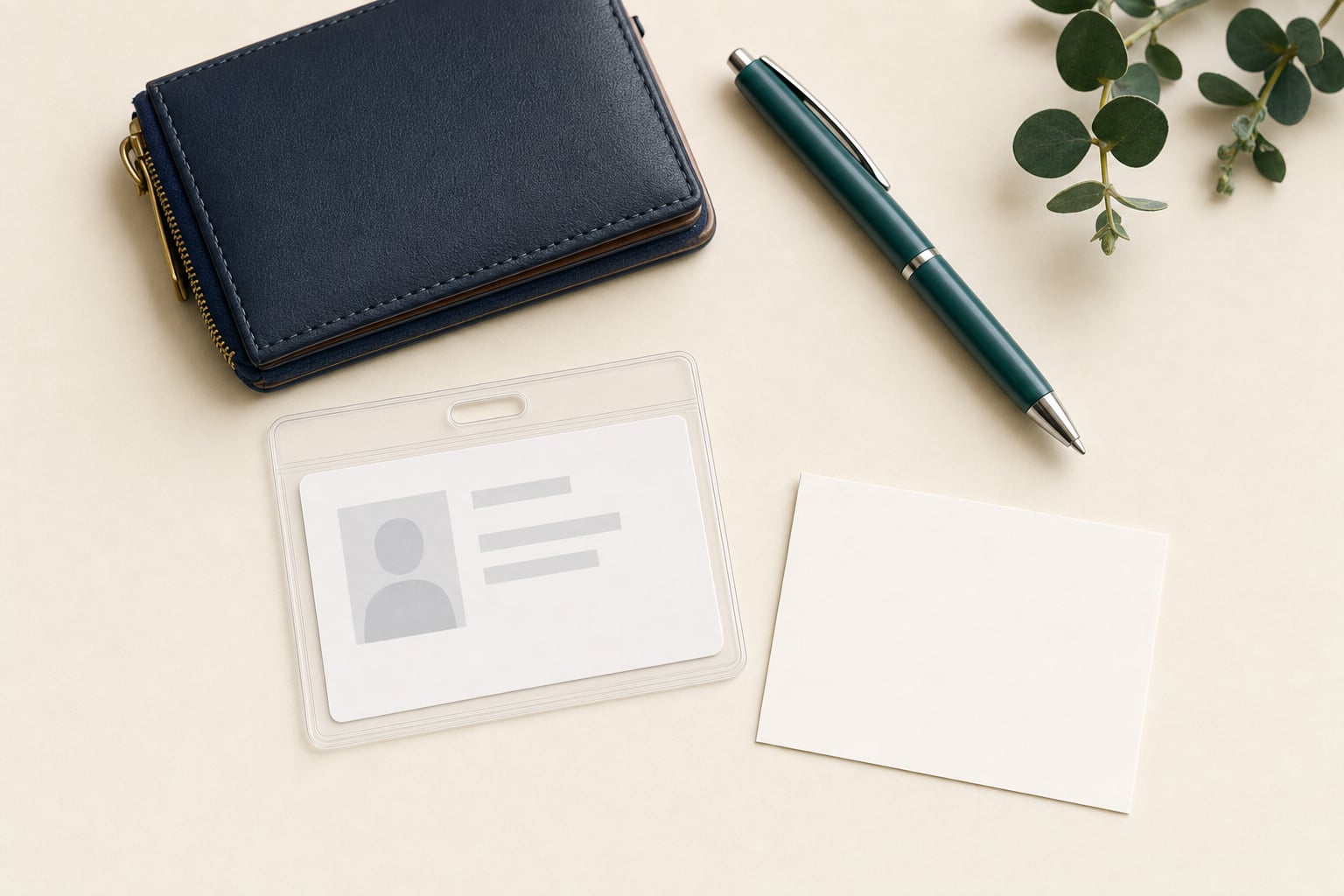 Blank identification card, wallet, and pen prepared on a tidy desk