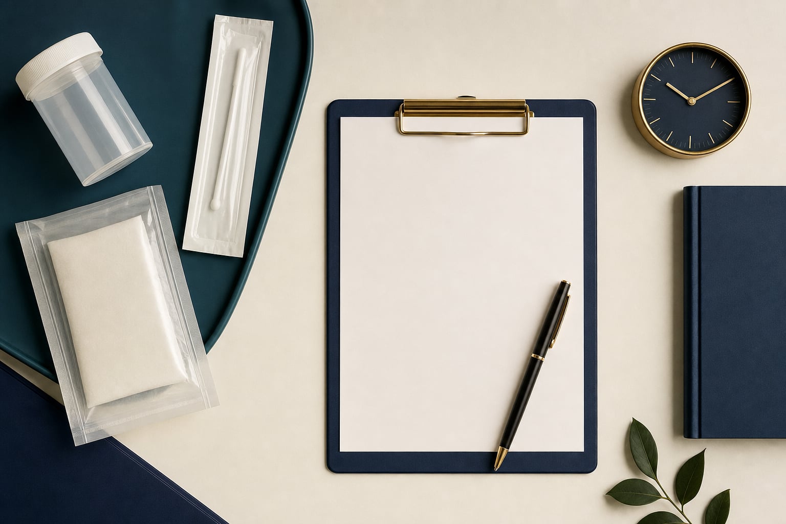 Unbranded testing supplies and a blank clipboard arranged on a professional desk