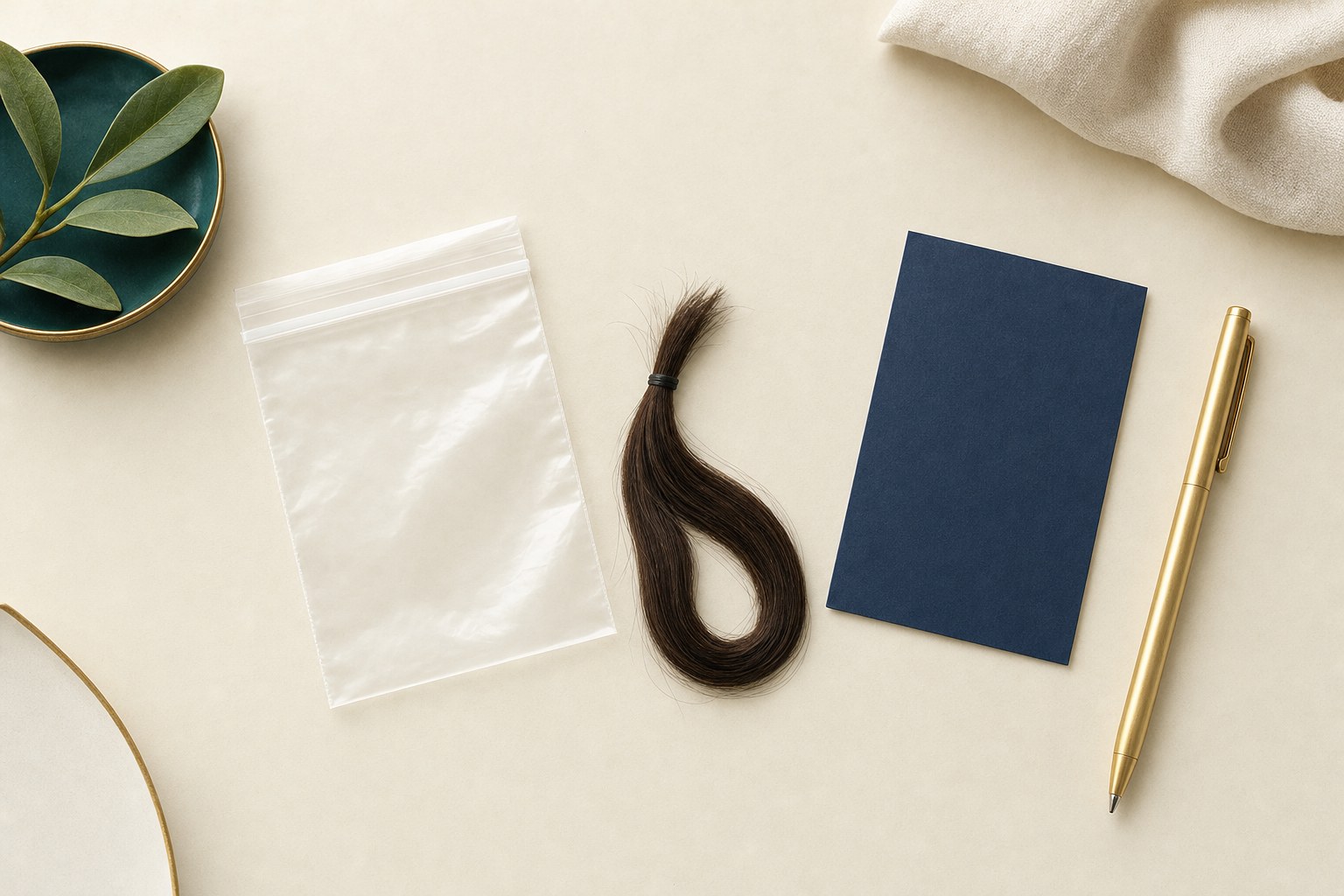 Unbranded hair sample, specimen pouch, navy appointment card, and gold pen on a warm ivory desk