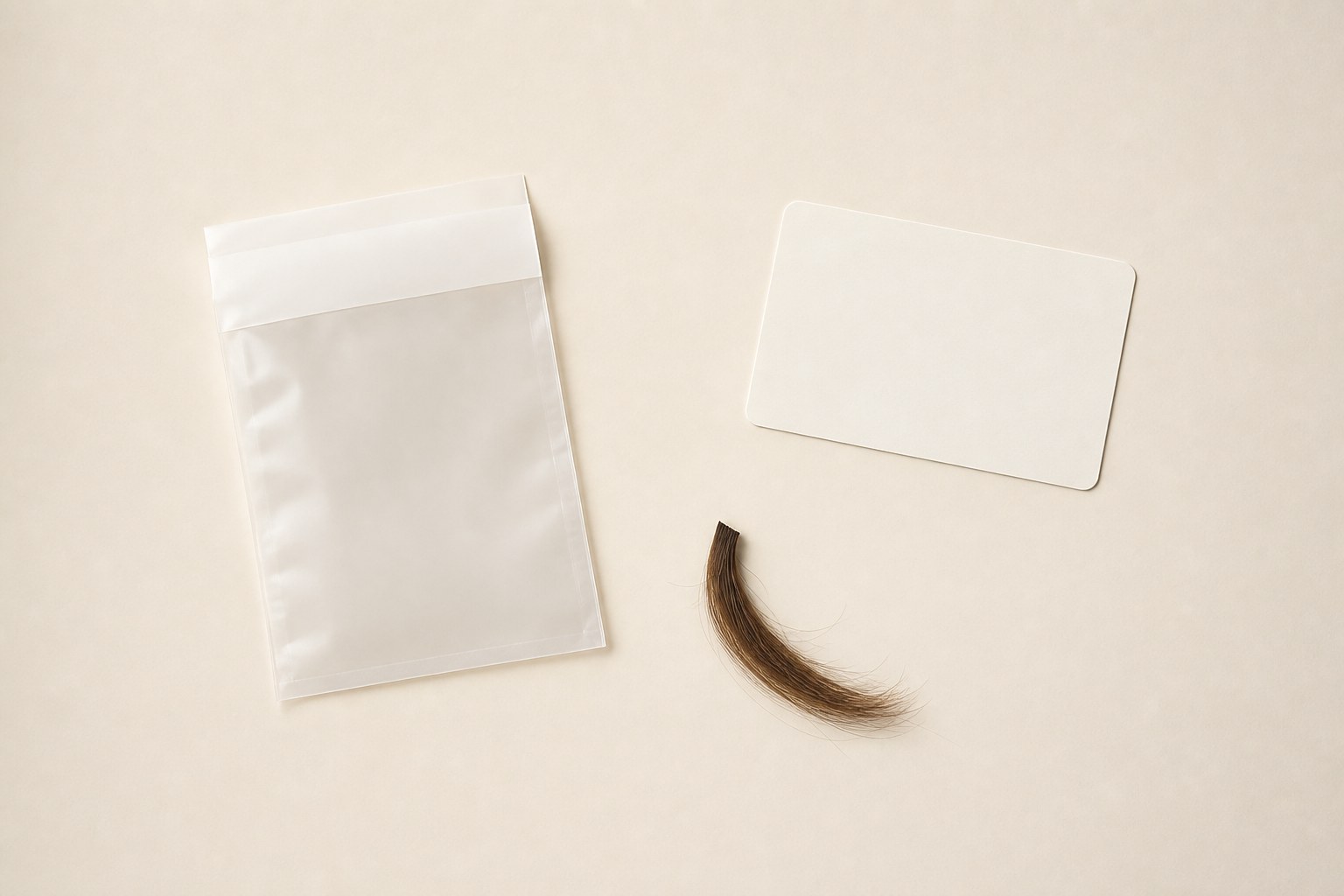 Unbranded collection pouch, blank appointment card, and small lock of hair arranged on an ivory desk
