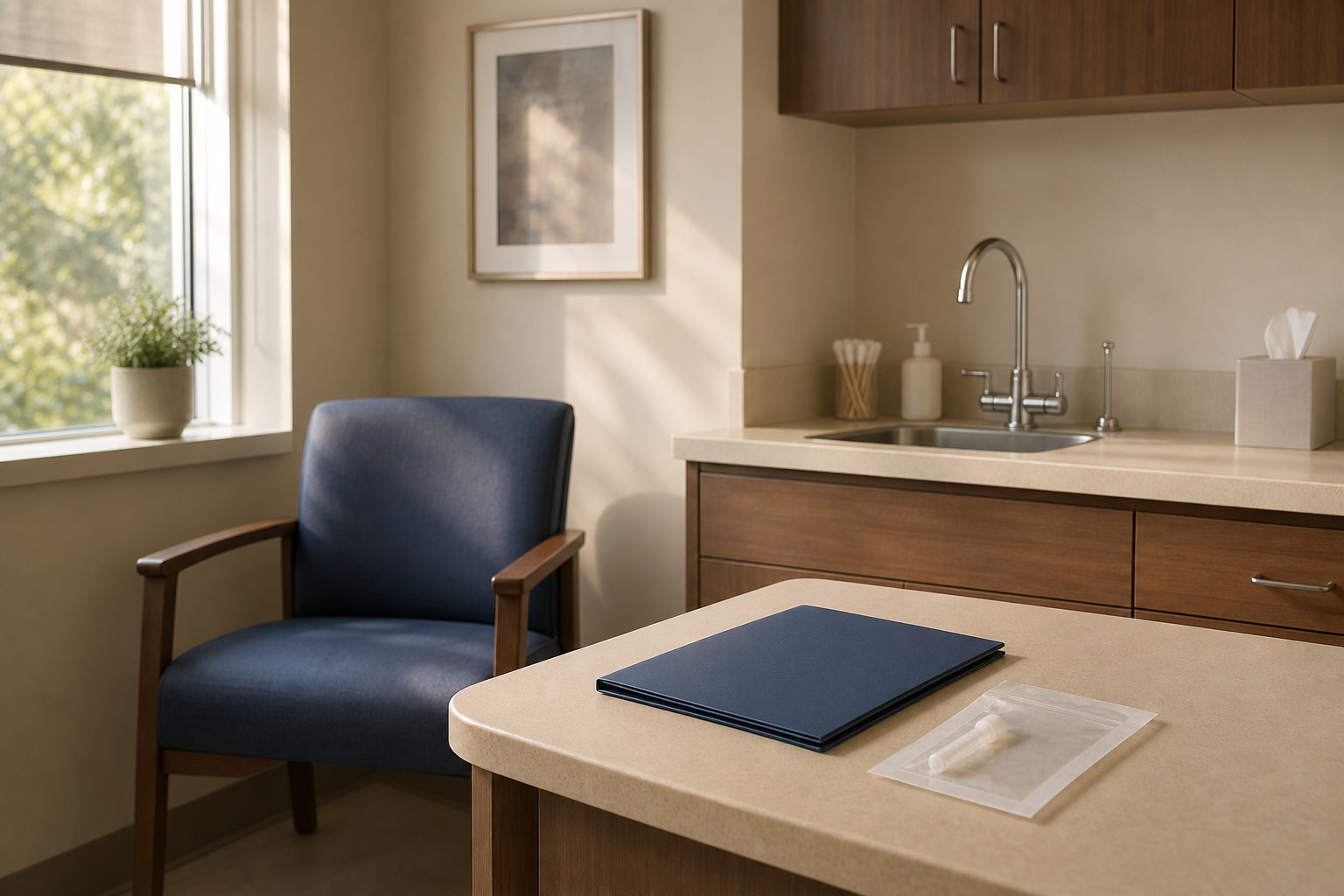 Quiet private collection room with navy chair, ivory counter, and unbranded collection pouch
