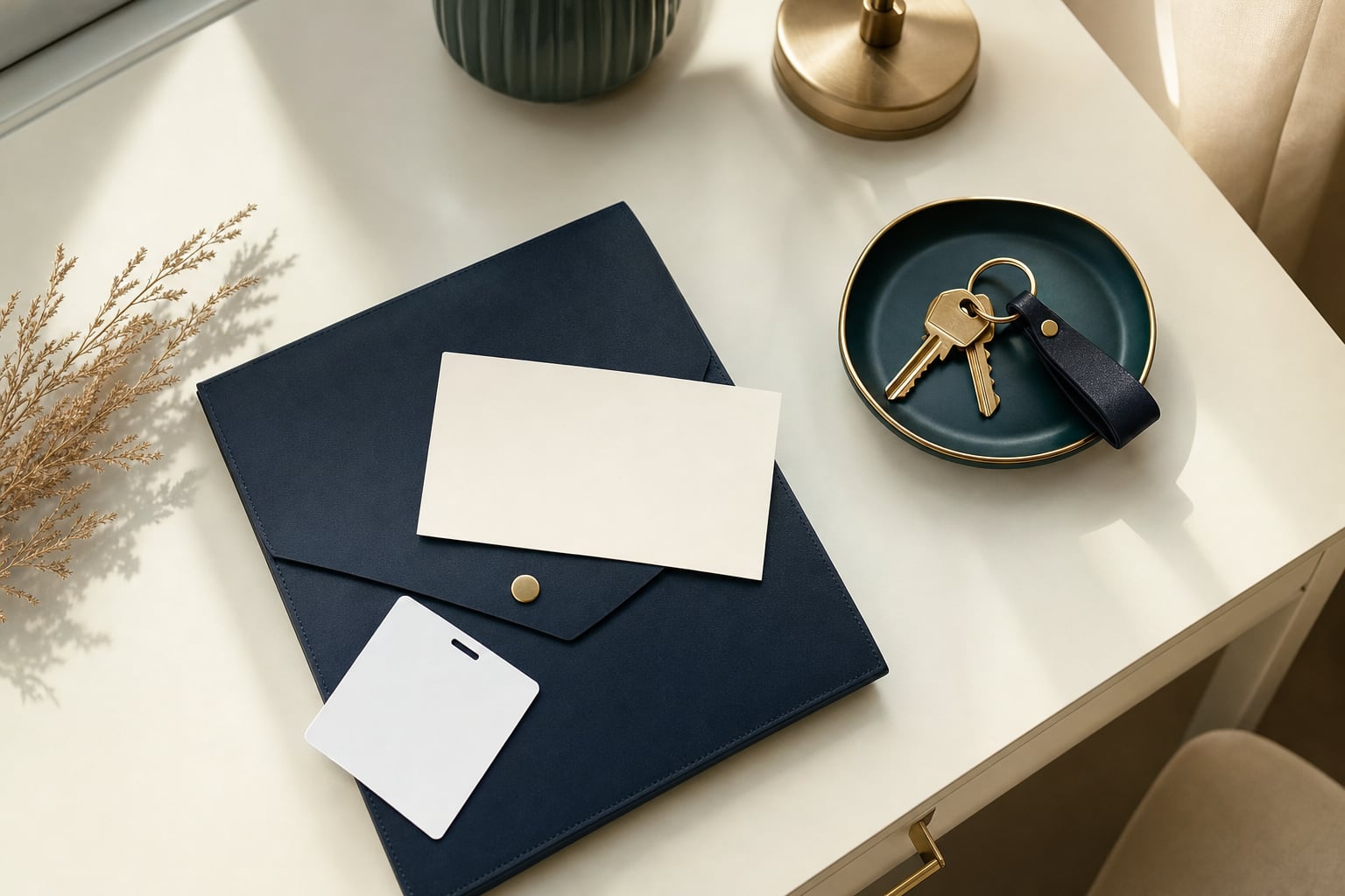 Blank identification card, appointment card, keys, and navy folder arranged on a warm ivory desk