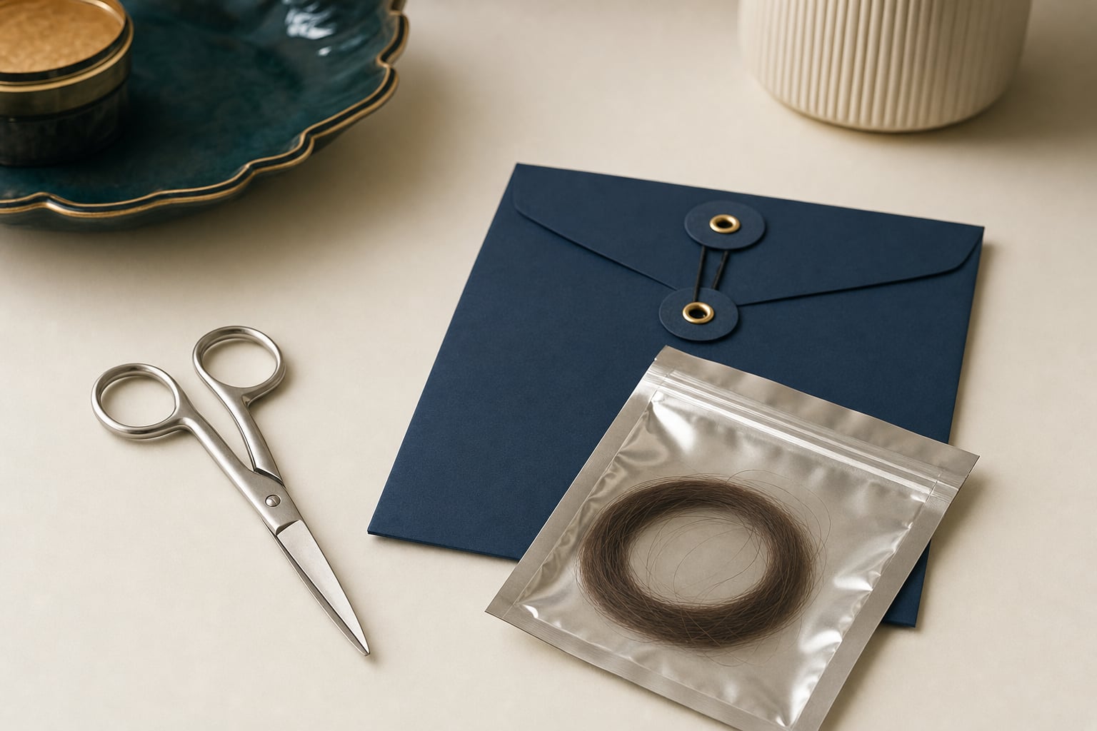Unbranded scissors, a foil specimen packet, and a plain collection envelope on a warm ivory surface