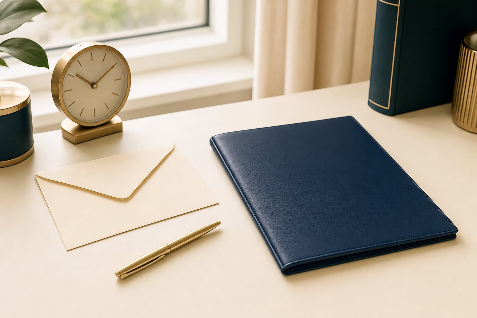 Navy document folder, unmarked envelope, gold pen, and analog desk clock on a warm ivory tabletop