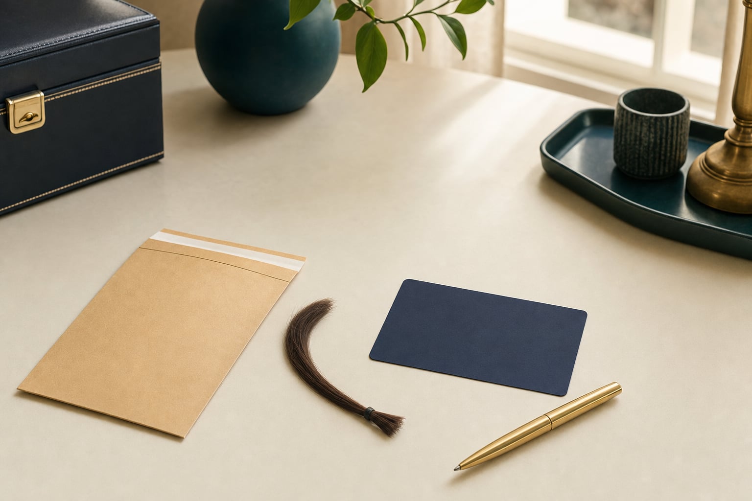 Unbranded hair sample, sealed envelope, appointment card, and gold pen on a warm ivory desk