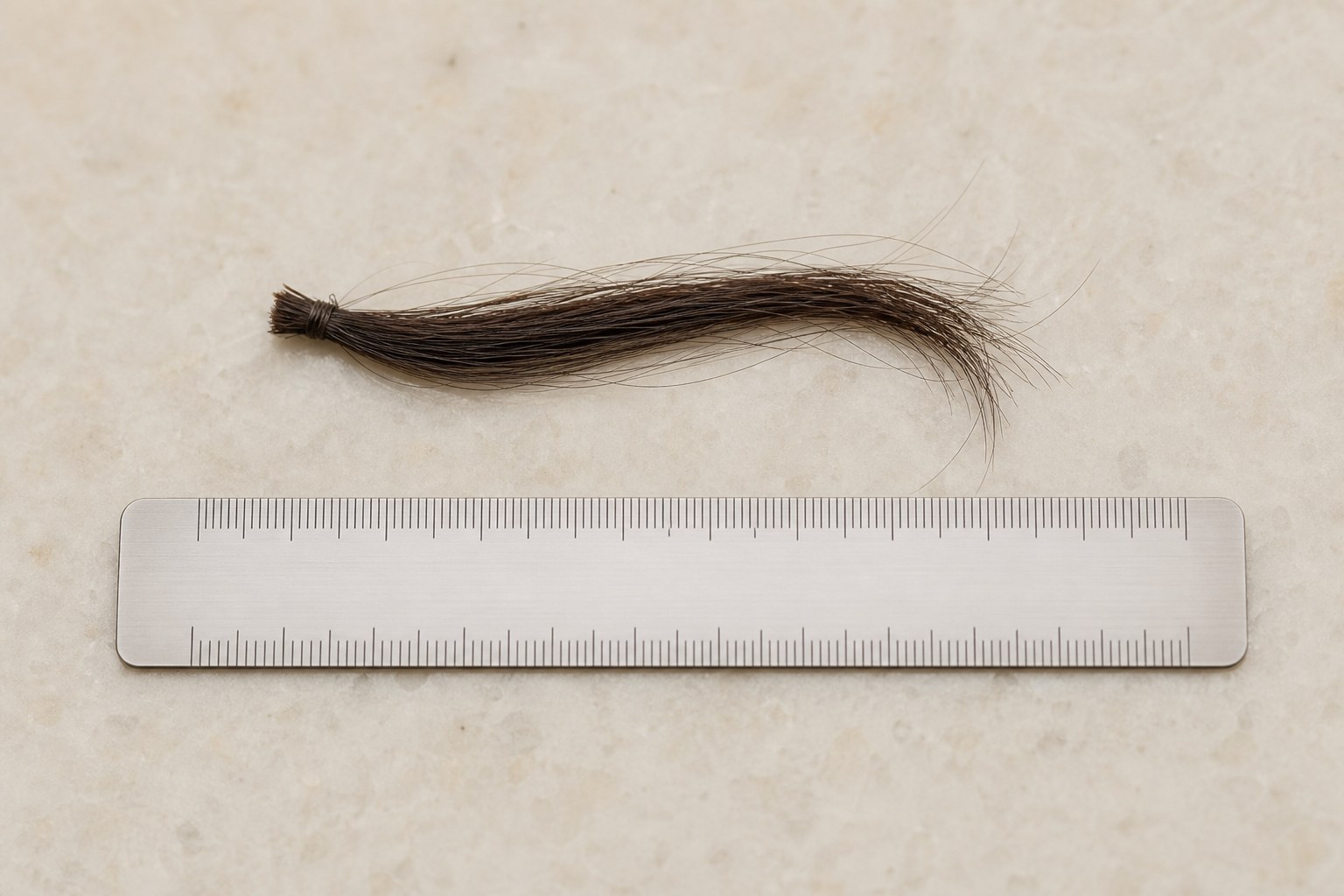 Small lock of hair arranged above a plain measuring ruler on a warm ivory surface