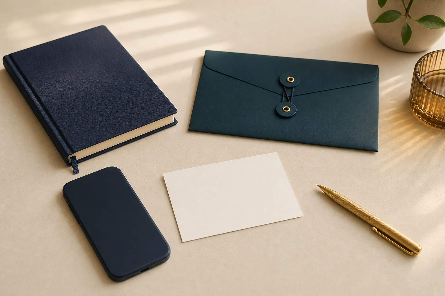 Closed notebook, phone, teal document envelope, blank appointment card, and gold pen on a warm ivory desktop