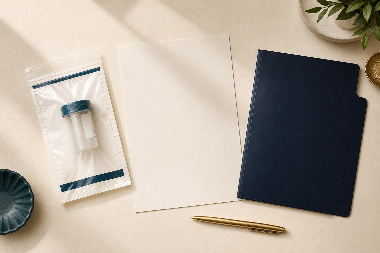 Unbranded specimen pouch, blank paperwork, navy folder, and gold pen on a warm ivory desk