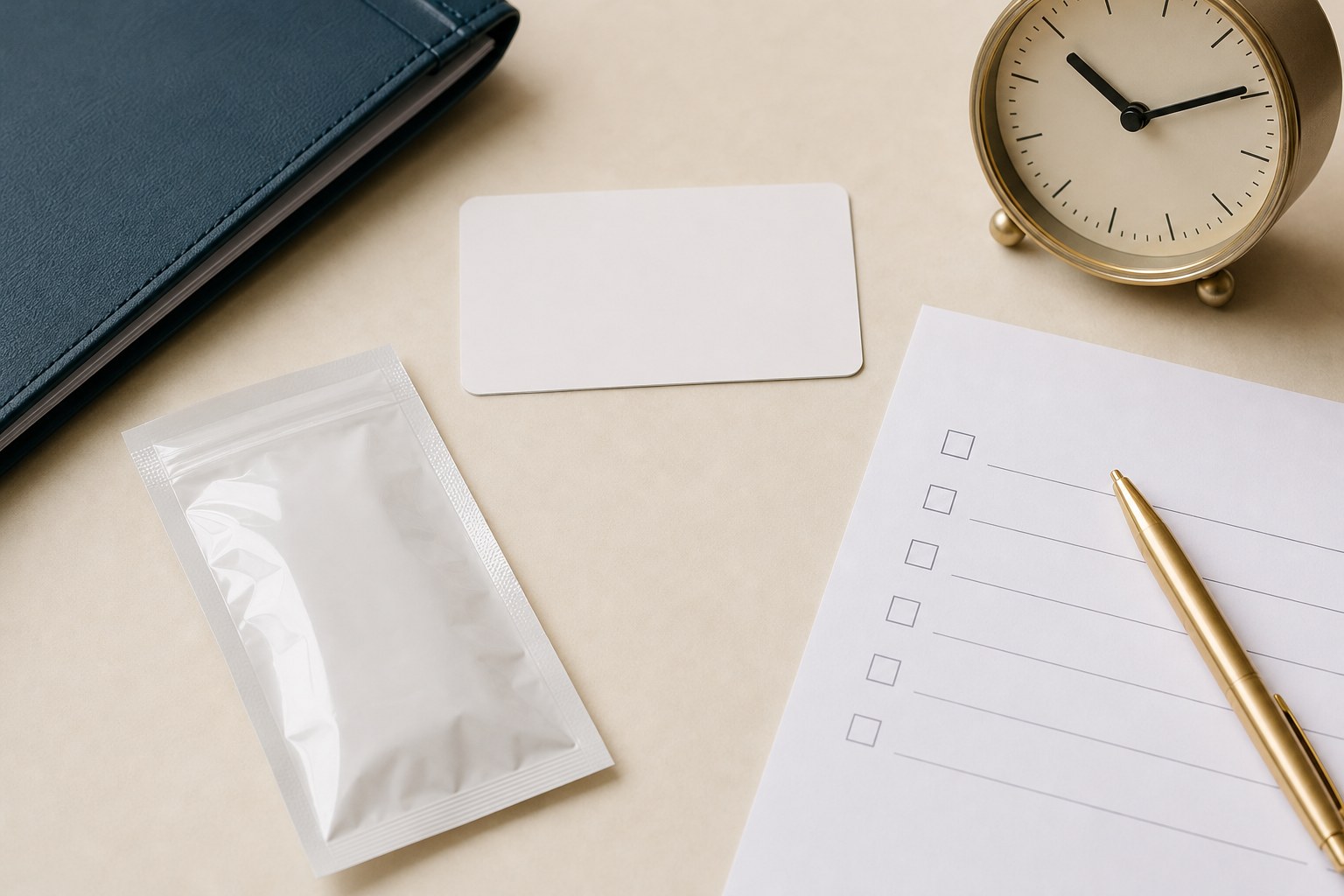 Blank checklist page, sealed sample pouch, appointment card, folder, clock, and gold pen arranged on a warm ivory desk