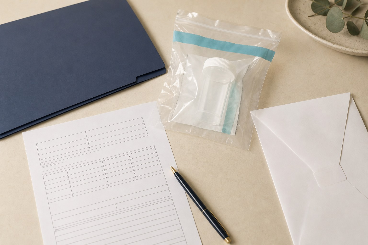 Unbranded specimen bag, blank chain-of-custody paperwork, sealed envelope, navy folder, and pen on a warm ivory surface