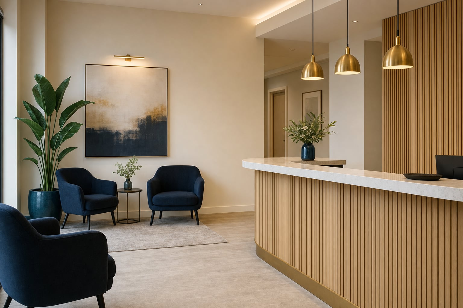 Quiet professional reception area with navy seating and warm lighting