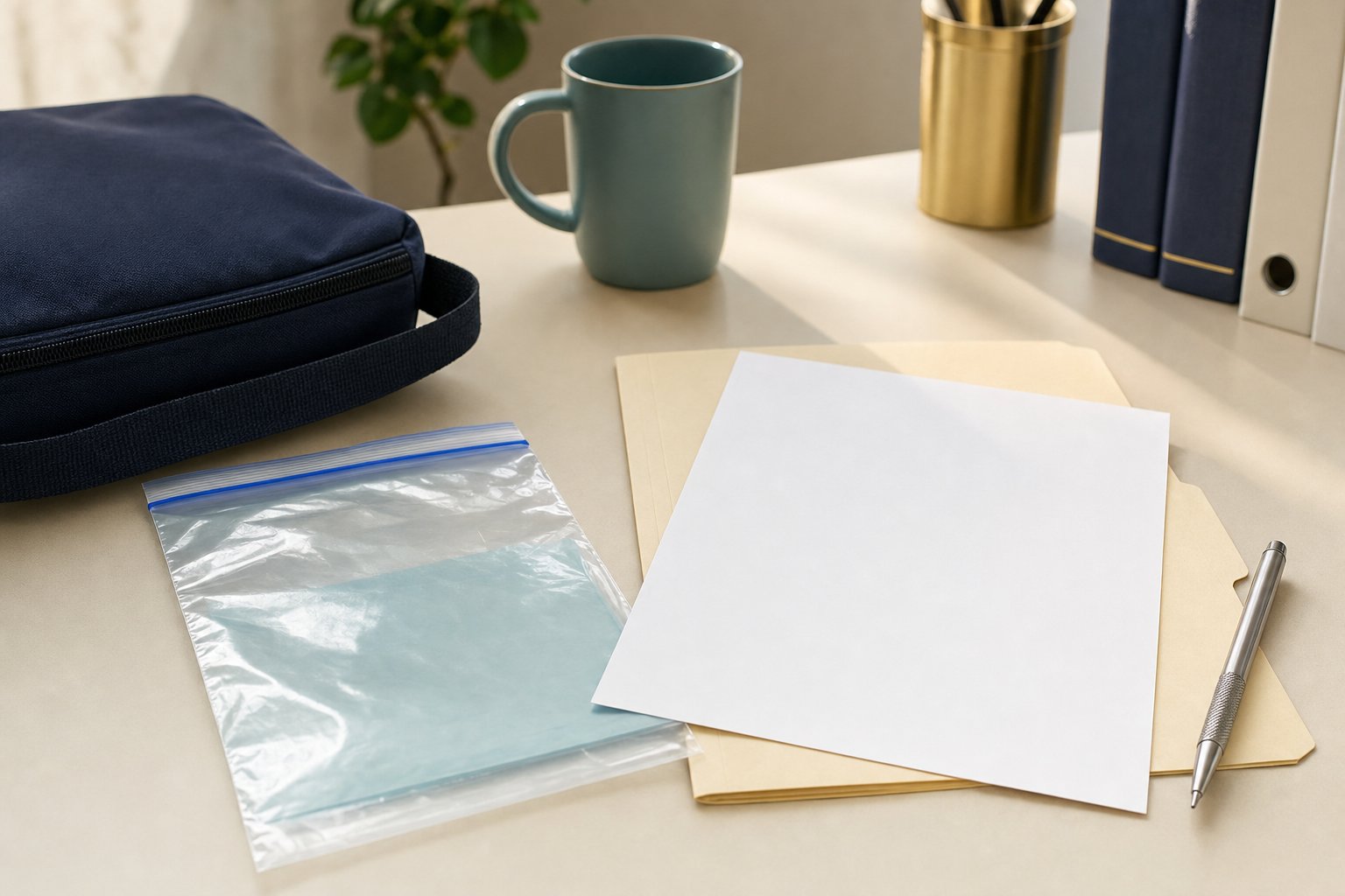 Blank authorization sheet, unbranded specimen transport bag, and pen arranged on a professional desk